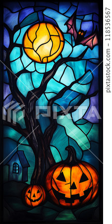Halloween background made of stained glass. Halloween poster 118536567
