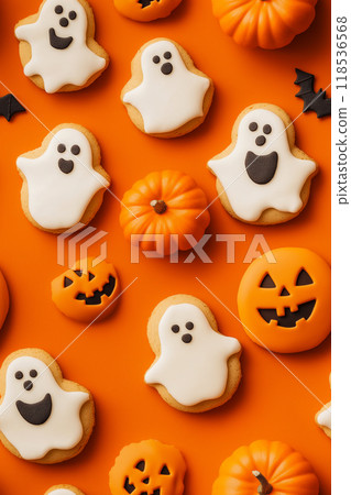 A pattern of cookies in the shape of smiling ghosts and pumpkins on an orange background. Halloween pattern A pattern of cookies in the shape of smiling ghosts and pumpkins on an orange background. Halloween pattern 118536568