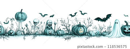 Halloween pattern. Blue pen drawing of Halloween symbols 118536575