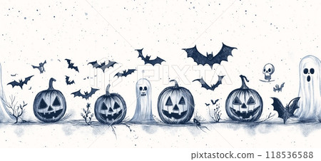 Halloween pattern. Blue pen drawing of Halloween symbols 118536588