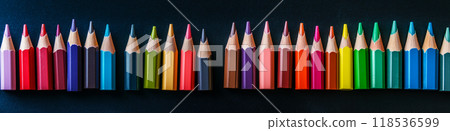Colorful pencils in front of a blank blackboard. Back to school concept. Education banner Colorful pencils in front of a blank blackboard. Back to school concept. Education banner 118536599