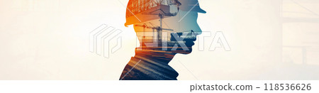 Construction worker double exposure. Building engineer or architect banner Construction worker double exposure. Building engineer or architect banner 118536626