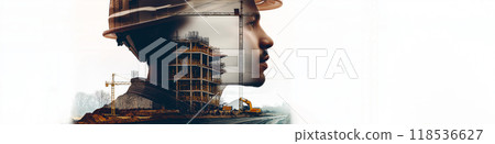 Construction worker double exposure. Building engineer or architect banner Construction worker double exposure. Building engineer or architect banner 118536627