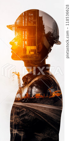 Construction worker double exposure. Building engineer or architect banner Construction worker double exposure. Building engineer or architect banner 118536628