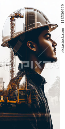 Construction worker double exposure. Building engineer or architect banner Construction worker double exposure. Building engineer or architect banner 118536629