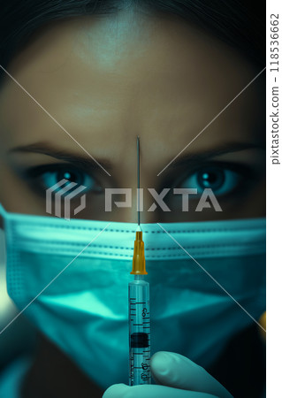 Doctor with a syringe. Doping concept. Vaccination background Doctor with a syringe. Doping concept. Vaccination background 118536662