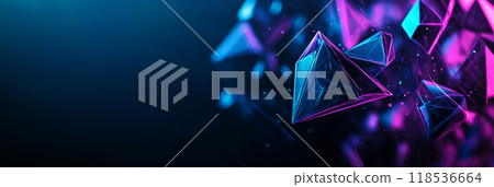 Abstract background with floating geometric shapes. Blue and purple 3D objects on black backdrop 118536664