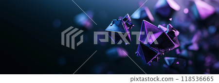 Abstract background with floating geometric shapes. Blue and purple 3D objects on black backdrop 118536665