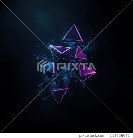 Abstract background with floating geometric shapes. Blue and purple 3D objects on black backdrop 118536671