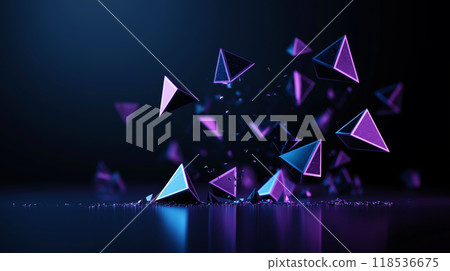 Abstract background with floating geometric shapes. Blue and purple 3D objects on black backdrop 118536675