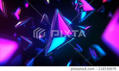 Abstract background with floating geometric shapes. Blue and purple 3D objects on black backdrop 118536676