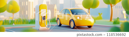 3D cartoon illustration of a charging EV car. Electric vehicle concept 3D cartoon illustration of a charging EV car. Electric vehicle concept 118536692