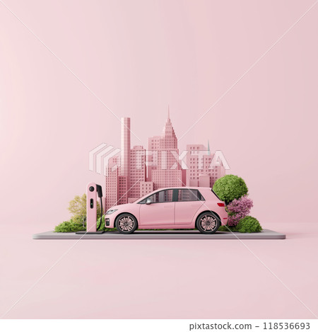 3D cartoon illustration of a charging EV car. Electric vehicle concept 118536693