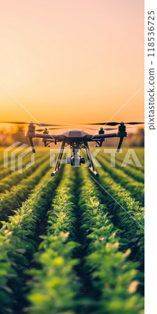 Drone flying over a field. Modern agriculture Drone flying over a field. Modern agriculture 118536725