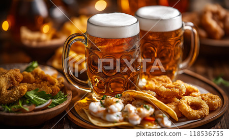 Beer mugs. Two beer mugs surrounded by appetizing pub food in a rustic restaurant 118536755