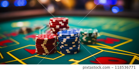 Poker chips on a casino table. Gambling chips. Gambling concept Poker chips on a casino table. Gambling chips. Gambling concept 118536771