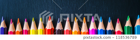 Colorful pencils in front of a blank blackboard. Back to school concept. Education banner Colorful pencils in front of a blank blackboard. Back to school concept. Education banner 118536789