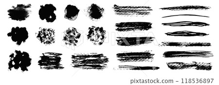 Trendy set of artistic hand painted isolated black ink textured grunge brush strokes and blobs. Abstract unique inky lines, stamps and scratches for graphic design, decoration, texture 118536897