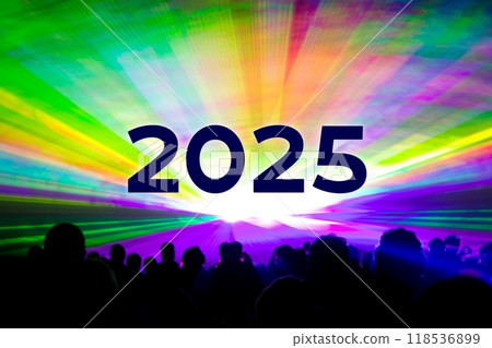Happy new year 2025 colorful laser show party people crowd. Luxury entertainment with audience silhouettes turn of the year celebration. Premium nightlife event at holidays season party time. Happy new year 2025 colorful laser show party people crowd. Luxury entertainment with audience silhouettes turn of the year celebration. Premium nightlife event at holidays season party time. 118536899