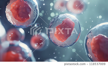 Microscope Background Featuring 3d Rendering Of Human Cell Or Embryonic Stem Cell, Perfect For Educational Purposes And Scientific Presentations. 118537009