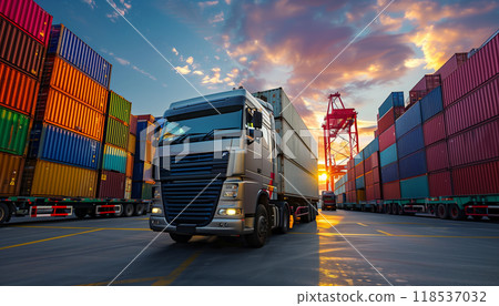 Container Truck At Ship Port: Business Logistics And Transportation Of Container Cargo Ship And Cargo Plane; Logistic Import Export And Transport Concept. Container Truck At Ship Port: Business Logistics And Transportation Of Container Cargo Ship And Cargo Plane; Logistic Import Export And Transport Concept. 118537032