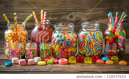 Assorted Sweet Treats Displayed In Glass Jars On A Rustic Wooden Table - Colorful Candies, Jellies, Lollipops, Marshmallows, And Marmalade Presented In A Charming Setting. Assorted Sweet Treats Displayed In Glass Jars On A Rustic Wooden Table - Colorful Candies, Jellies, Lollipops, Marshmallows, And Marmalade Presented In A Charming Setting. 118537033