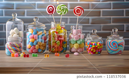 Assorted Sweets In Glass Jars On Wooden Table: Vibrant Candies, Jellies, Lollipops, Marshmallows, And Marmalade Displayed Colorfully. Assorted Sweets In Glass Jars On Wooden Table: Vibrant Candies, Jellies, Lollipops, Marshmallows, And Marmalade Displayed Colorfully. 118537036