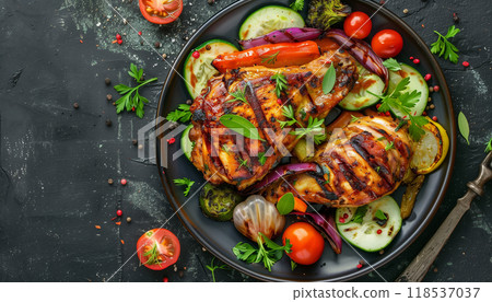 Top View Of Grilled Chicken Plate With Vegetables On Dark Background - Delicious And Nutritious Meal Presentation For Food Photography. Top View Of Grilled Chicken Plate With Vegetables On Dark Background - Delicious And Nutritious Meal Presentation For Food Photography. 118537037