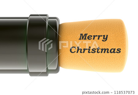 Merry Christmas, card template. Wine cork Merry Christmas inscription, 3D rendering Merry Christmas, card template. Wine cork Merry Christmas inscription, 3D rendering 118537073