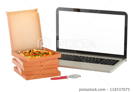 Pizza boxes and laptop with white screen. Order pizza online, concept. 3D rendering Pizza boxes and laptop with white screen. Order pizza online, concept. 3D rendering 118537075