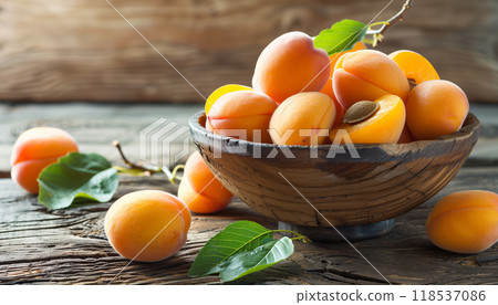 Fresh Ripe Apricots With Leaves On A Wooden Table Creates A Beautiful Centerpiece Full Of Natural Beauty And Freshness. Fresh Ripe Apricots With Leaves On A Wooden Table Creates A Beautiful Centerpiece Full Of Natural Beauty And Freshness. 118537086