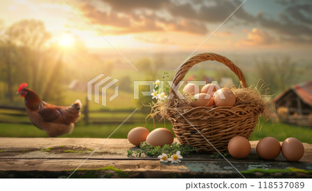 Basket Of Fresh Chicken Eggs On A Rustic Wooden Table Overlooking A Scenic Countryside Farm Setting. The Perfect Country Image. Basket Of Fresh Chicken Eggs On A Rustic Wooden Table Overlooking A Scenic Countryside Farm Setting. The Perfect Country Image. 118537089