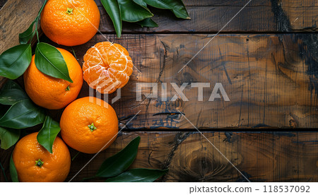Juicy Mandarin Oranges And Tangerines With Leaves Displayed On A Rustic Wooden Table For A Fresh And Colorful Presentation. Juicy Mandarin Oranges And Tangerines With Leaves Displayed On A Rustic Wooden Table For A Fresh And Colorful Presentation. 118537092