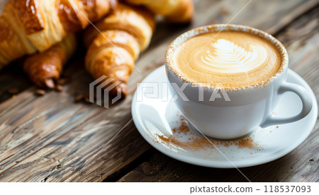 Cappuccino Coffee And Croissants On Wooden Table: A Delicious Morning Treat To Start Your Day With A Perfect Combination Of Flavors. Cappuccino Coffee And Croissants On Wooden Table: A Delicious Morning Treat To Start Your Day With A Perfect Combination Of Flavors. 118537093