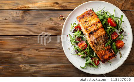 Top View Of Grilled Salmon Steak With Vegetables On Wooden Table: A Delicious Plate Of Fresh Seafood Delight For A Healthy Meal. Top View Of Grilled Salmon Steak With Vegetables On Wooden Table: A Delicious Plate Of Fresh Seafood Delight For A Healthy Meal. 118537096