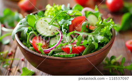 Bowl Of Fresh Salad With Vegetables And Greens Served On A Rustic Wooden Table - A Healthy And Delicious Meal Option. 118537097