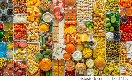 Variety Of Food Products Collage Featuring An Assortment Of Different Food Items Combined In A Creative Arrangement. Rich In Textures And Colors. 118537102