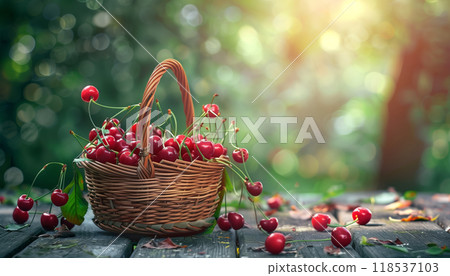 Fresh Ripe Cherries In A Basket On A Wooden Table In A Serene Garden Setting With Natural Beauty All Around. 118537103