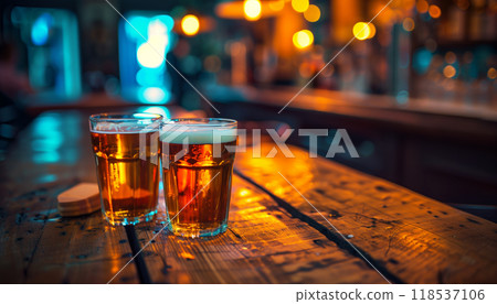 Refreshing Chilled Pints Of Beer In A Vibrant Bar Atmosphere, Perfect For Enjoying With Friends On A Hot Summer Day 118537106