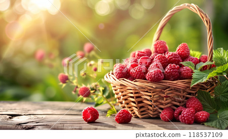 Ripe Raspberries Piled In A Basket On A Wooden Table Set In A Lush Garden, Perfect For Enjoying Outdoors. Ripe Raspberries Piled In A Basket On A Wooden Table Set In A Lush Garden, Perfect For Enjoying Outdoors. 118537109