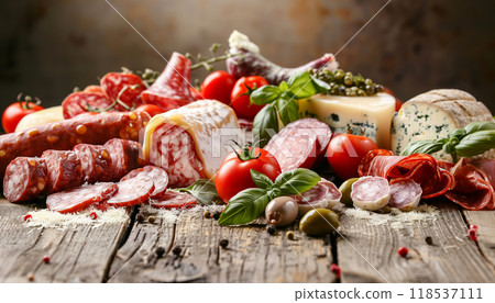 Delicious Italian Delicacies: Assorted Salami, Speck, Sausages, Parmesan Cheese, Green Olives, Basil, And Fresh Tomatoes Displayed On A Wooden Table. 118537111