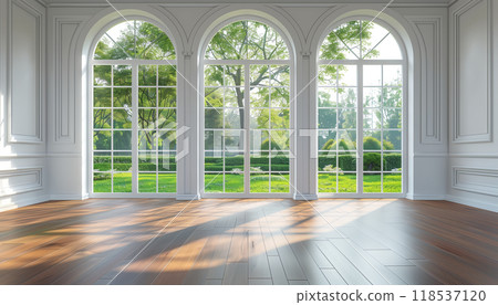 Luxurious Classical Style Empty White Room With Nature View In 3d Render, Featuring Wooden Floors And Arch Shape Window. View Of Green Lawn And Garden. 118537120