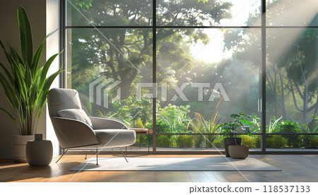 Contemporary Interior Space With Natural View 3d Render Showing Garden View And Sunlight Streaming In From Large Windows 118537133
