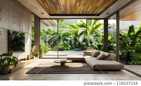 Contemporary Loft Style Living Room With Tropical Style Garden View 3d Render, Featuring Concrete Tiled Floors, Walls, And Wooden Ceilings Contemporary Loft Style Living Room With Tropical Style Garden View 3d Render, Featuring Concrete Tiled Floors, Walls, And Wooden Ceilings 118537134