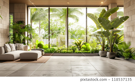 3d Render Of Modern Contemporary Loft Style Living Room With Tropical Style Garden View. Features Concrete Tiled Floors, Walls, Copy Space, And Wooden Ceilings. 3d Render Of Modern Contemporary Loft Style Living Room With Tropical Style Garden View. Features Concrete Tiled Floors, Walls, Copy Space, And Wooden Ceilings. 118537135