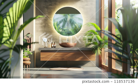 Stylish Contemporary Loft Bathroom With Tropical Nature View: Concrete Tile, Wooden Sink Counter, And Circle Mirror Decoration. 118537136
