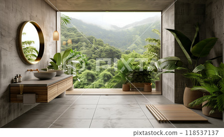 Modern Contemporary Loft Style Bathroom With Tropical Style Nature View 3d Render, Featuring Concrete Tile Floor, Wooden Sink Counter, And Circular Mirror. 118537137