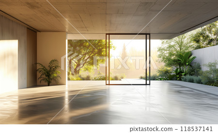 Contemporary Empty Hall With Nature View, Sliding Door, And 3d Render Featuring Concrete Floors, Plank Ceilings, And White Walls For Copy Space Contemporary Empty Hall With Nature View, Sliding Door, And 3d Render Featuring Concrete Floors, Plank Ceilings, And White Walls For Copy Space 118537141