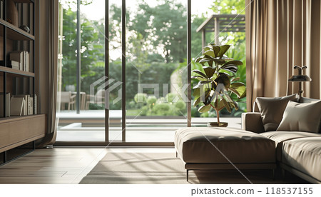 Brown Fabric Sofa Adorns This Modern Living Room 3d Render With Large Open Folding Doors Offering A View Of The Terrace. Curtains Gently Sway With The Breeze. 118537155