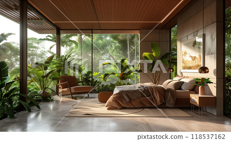 Contemporary Loft Style Bedroom With Tropical Garden View 3d Render Showcasing Concrete Tiled Floors, Wooden Ceilings, And Brown Furniture. 118537162